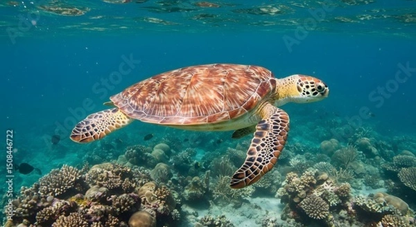 Obraz Majestic Sea Turtle Gracefully Navigating Vibrant Coral Reef