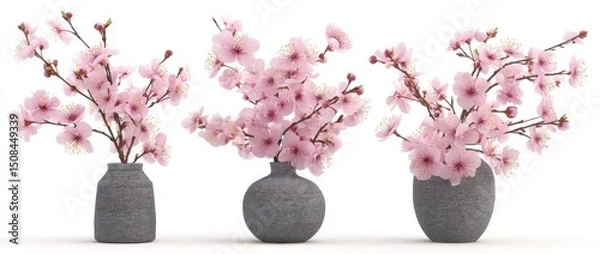 Obraz Pink cherry blossoms in textured gray vases