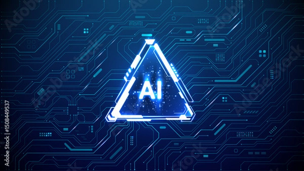 Fototapeta Digital AI quantum chip in a triamgle light neon HUD frame on circuit board tech background. Futuristic AI semiconductor concept. Abstract artificial intelligence processor with lightning elements. 