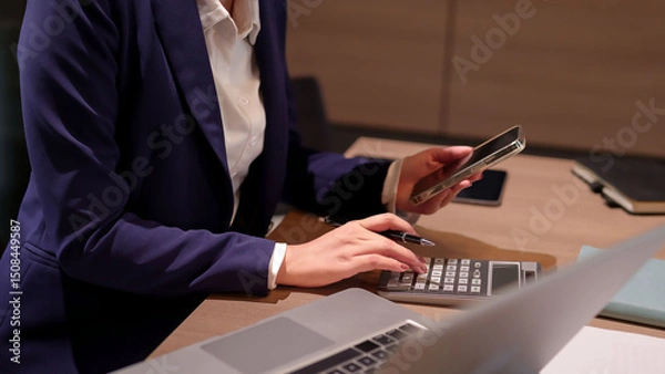 Fototapeta Asian Women Financial Analyst Calculating Budget and Using Mobile Phone on Desk with Laptop Calculating Finance Data for Business Investment