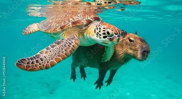 Obraz Underwater Friends: Capybara and Sea Turtle Share a Moment of Tranquility