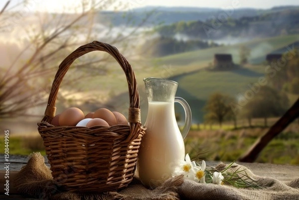 Fototapeta Chicken eggs in a basket, a jug with milk on the background of a rural landscape
