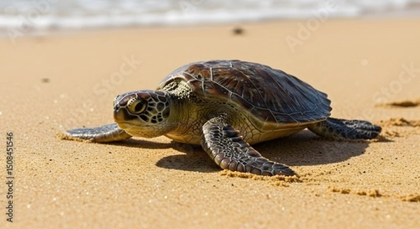 Obraz Juvenile Green Sea Turtle Making its Way Across a Sandy Beach Towards the Ocean