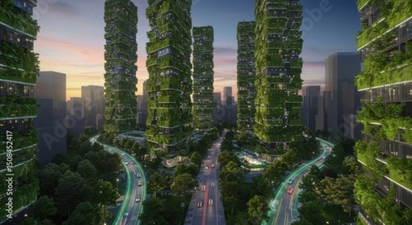 Fototapeta Modern urban landscape featuring green skyscrapers at sunset with busy streets and vibrant lights in a futuristic city environment