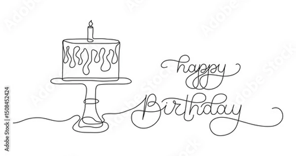Fototapeta Happy Birthday text banner template with cake and candle. Editable stroke hand drawn lettering. One continuous line art background. Outline drawing with typography for poster card anniversary.