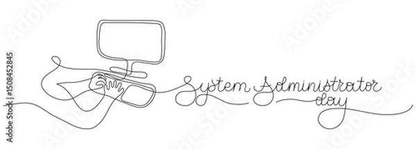 Fototapeta System Administrator Day 28 July text banner template. Editable stroke hand drawn lettering. One continuous line art background with hands computer and keyboard. Outline drawing with typography.