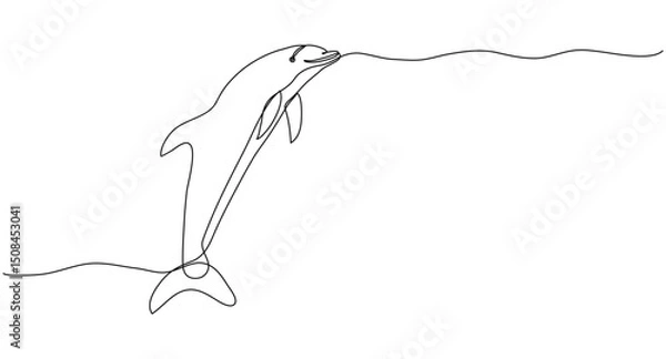 Fototapeta Dolphin in continuous one line art style. Minimalist black drawing of ocean animal on white background. Hand drawn editable stroke. Outline marine banner concept with copy space