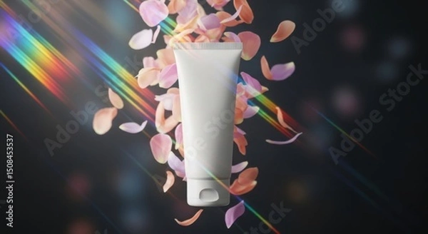 Obraz A blank skincare tube surrounded by floating flower petals and holographic light rays