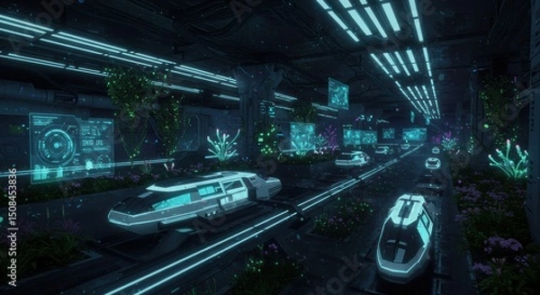 Fototapeta Futuristic urban landscape featuring advanced vehicles and vibrant greenery in a high tech environment