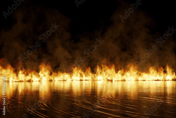 Fototapeta  Horizontal blazing fire on reflection surface. 3D Rendering
