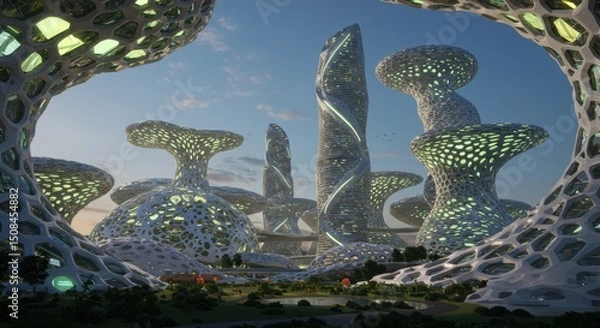 Fototapeta Futuristic urban landscape featuring organic architecture with bright details under a twilight sky
