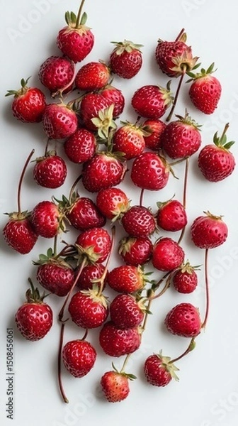 Fototapeta A collection of small, ripe wild strawberries displays their intense sweetness and vivid red color. These berries are freshly harvested and arranged beautifully on a white surface
