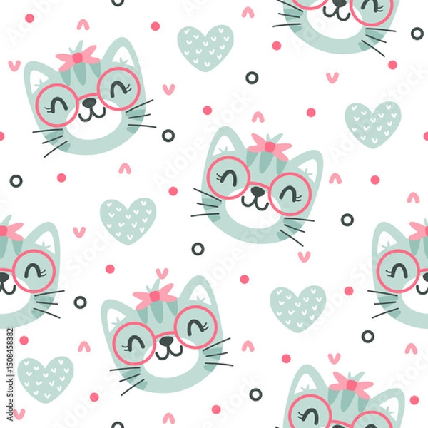 Obraz Cute kitten with glasses hand drawn seamless vector design for print on textile, wrapping, backdrop and other uses.