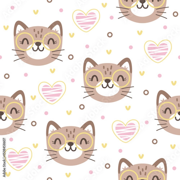 Fototapeta Pretty kitten hand drawn seamless vector design for print on textile, wrapping, backdrop and other uses.