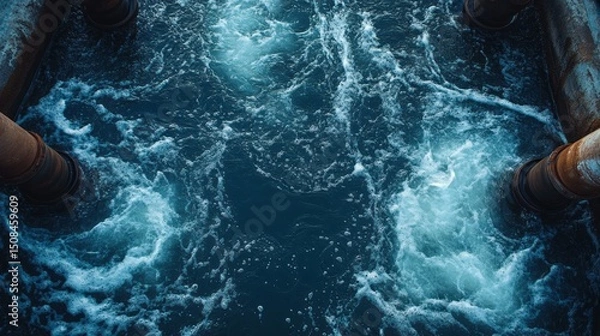 Fototapeta Toxic chemicals flow from industrial pipes into the sea, causing severe pollution. This harmful discharge endangers aquatic ecosystems and marine biodiversity in the area