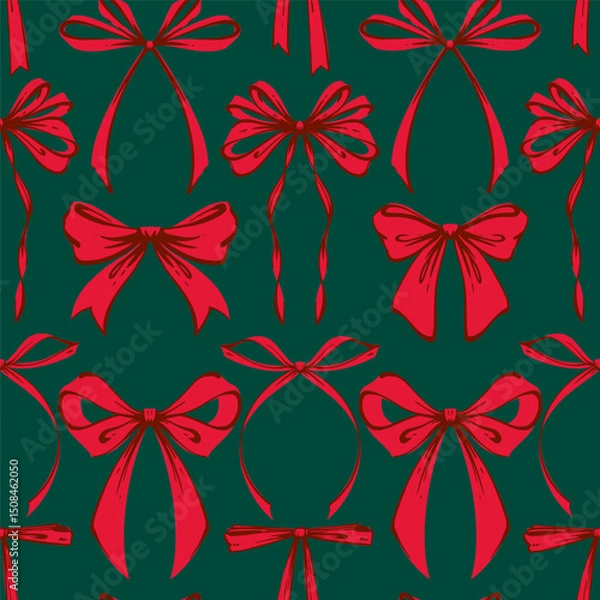 Fototapeta Christmas Red Ribbon Bows Seamless Pattern on green background. Coquette Hand-drawn festive ribbon bows in whimsical, vintage style. Retro holiday print for gift wrap, textiles, card, seasonal designs