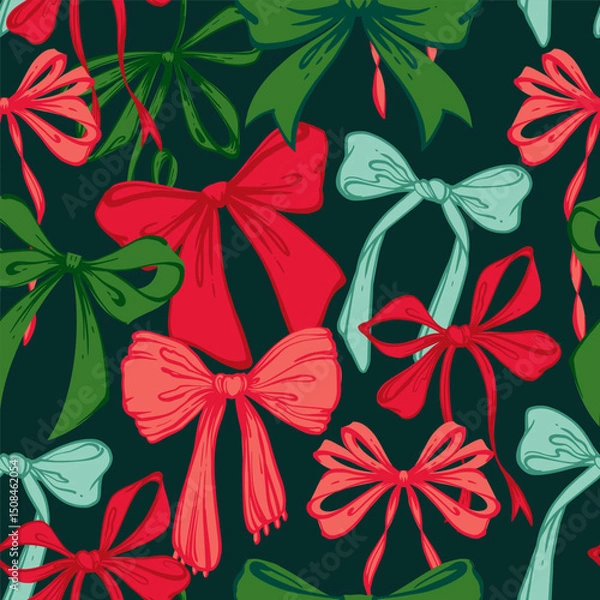 Fototapeta Playful Christmas Ribbon Bows Seamless Pattern. Vibrant red and green Hand-Drawn Doodle Bows on dark Background. Fun Kids Design. Retro holiday print for gift wrap, textiles, card, seasonal designs