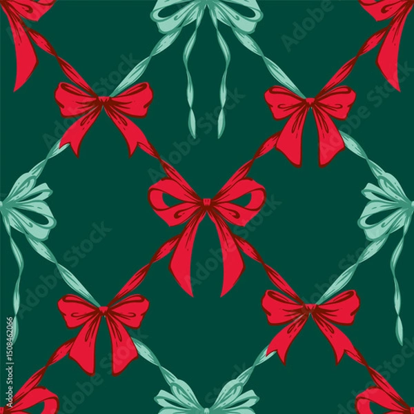 Fototapeta Christmas Ribbon Bows Lattice Seamless Pattern. Coquette Vintage and Christmas checkered pattern with green, red bows. Retro background for feminine project, wrapping paper, textile, seasonal design