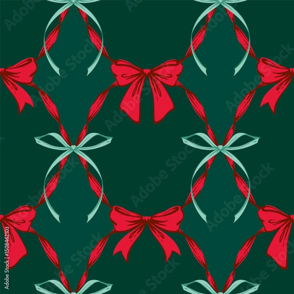 Fototapeta Christmas Ribbon Bows Lattice Seamless Pattern. Coquette Vintage and Christmas checkered pattern with green, red bows. Retro background for feminine project, wrapping paper, textile, seasonal design