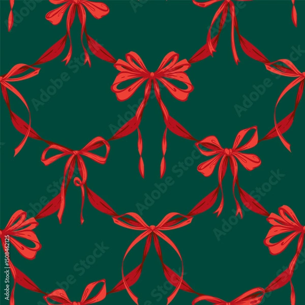 Fototapeta Christmas Ribbon Bows Lattice Seamless Pattern. Coquette Vintage and Christmas checkered pattern with green, red bows. Retro background for feminine project, wrapping paper, textile, seasonal design