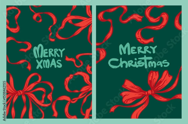 Fototapeta Coquette Christmas Card Set with Red Ribbons and Bows on green background. Festive collection of holiday cards with hand-drawn whimsical, vintage design. Merry Christmas, Happy New Year greeting flyer