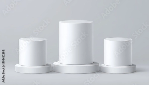 Fototapeta Three white cylindrical podiums, ascending in size, against a plain gray background