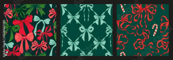 Fototapeta Ribbon Bow Christmas Seamless Pattern Set. Red and green Hand-Drawn Feminine Lattice Backgrounds with Festive garland of bows. Vintage backdrops for wrapping paper, textile, seasonal designs