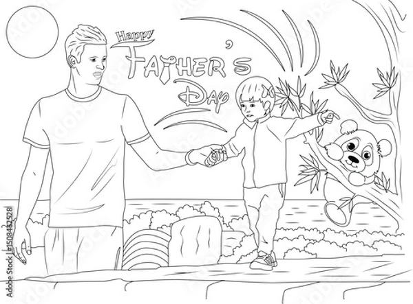 Obraz Father and Son Holding Hands on Father's Day Coloring Page, Black and white line art illustration for a coloring book depicting a father and son holding hands outdoors. The scene includes trees, 