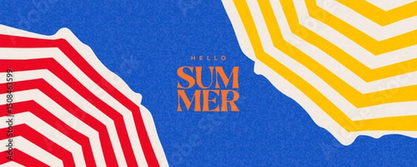 Obraz Creative summer holiday concept with bright striped yellow and red beach umbrellas against clear blue sky. Trendy summer design for poster, cover, ads, web banner or header