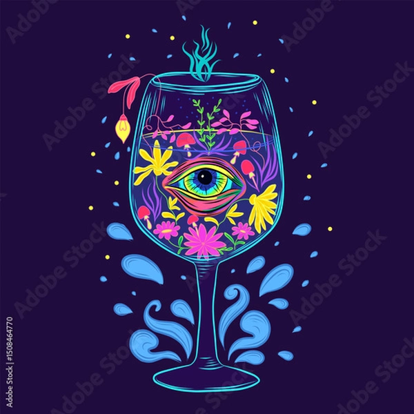 Fototapeta Surreal Psychedelic Glass with Eye, Flowers and Mushrooms – Trippy Poster Art Surreal and psychedelic illustration of a glowing wine glass filled with vibrant abstract flowers, mushrooms