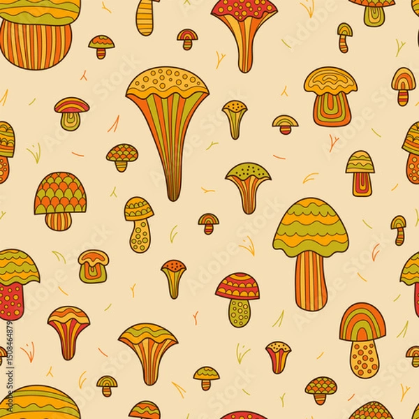 Fototapeta Vintage Naive Mushroom Pattern – Retro Faded Colors Seamless pattern of hand-drawn mushrooms in a naive, childlike style with warm retro tones of faded orange, yellow, red, and green. 