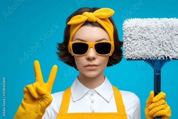 Fototapeta A funny and funky elderly woman, dressed as a cleaning lady, is shown full-body on a blue background, amusingly playing with a broom