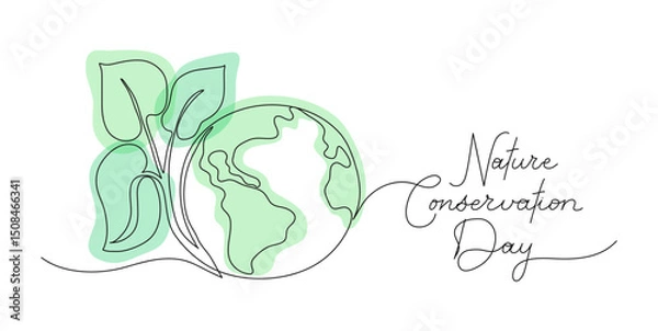 Fototapeta World Nature Conservation Day text banner template. One continuous line art background globe and leaves. Editable stroke hand drawn lettering. Outline drawing typography eco natural concept sketch.
