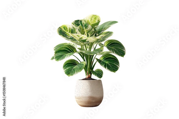 Fototapeta Large monstera deliciosa with green and cream variegated leaves in two-toned ceramic planter, isolated on a transparent background