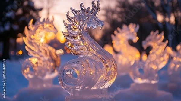 Fototapeta intricate ice carvings of mythical creatures in a twilight winter wonderland, Generative AI