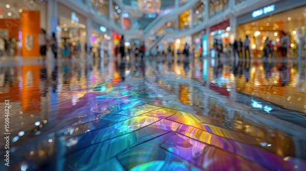 Fototapeta A colorful reflection on a shiny floor inside a busy shopping mall with blurred shoppers and stores in the background.