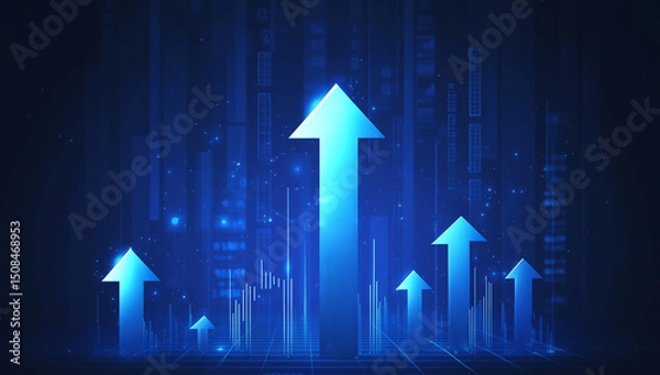 Fototapeta Dynamic Blue Upward Arrows Symbolizing Business Growth, Financial Success, and Positive Market Trends on a Modern Technology Background with Data Visualization Elements.