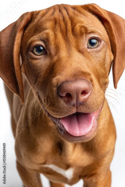 Fototapeta A happy brown dog with expressive eyes looks directly at the camera against a white background.