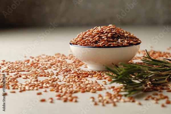 Fototapeta Organic brown rice captured in a rustic setting with natural elements