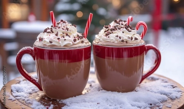 Fototapeta hot chocolate with whipped cream and candy canes served in a snow-dusted outdoor cafe, Generative AI