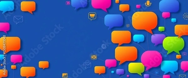 Obraz Vibrant colorful speech bubbles and icons forming a network,  collaboration,   abstract design