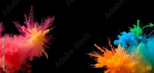 Obraz Vibrant colored dust cloud bursts against a stark black backdrop, bright, multicolored