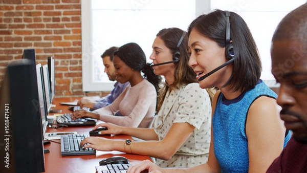 Obraz Multi-Cultural Business Team Wearing Headsets Working In Busy Customer Service Department