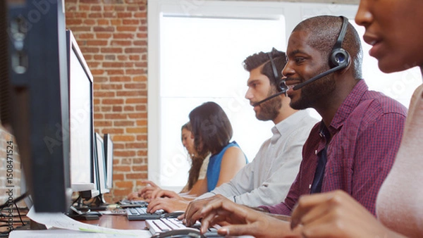 Obraz Multi-Cultural Business Team Wearing Headsets Working In Busy Customer Service Department