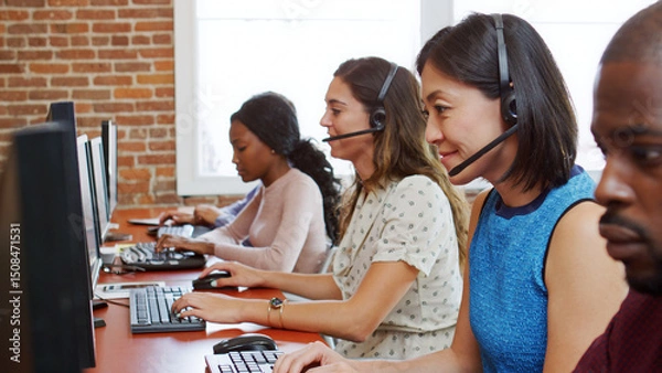 Obraz Multi-Cultural Business Team Wearing Headsets Working In Busy Customer Service Department