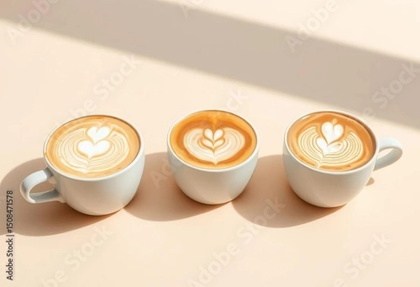 Obraz Three pristine white coffee cups, latte art displayed, soft light on beige surface,  white,  latte art