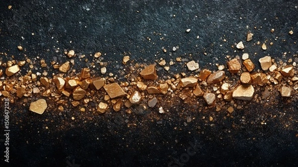 Fototapeta Gold nuggets of varying sizes and shapes are displayed against a dark background, showcasing their rich color and natural shine. The arrangement emphasizes their rough textures and beauty