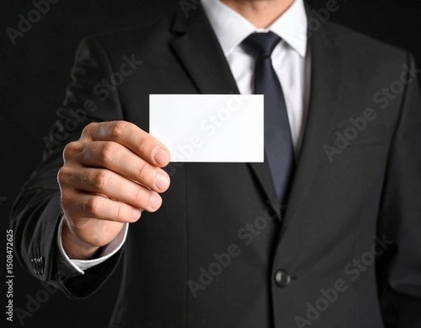 Obraz Office worker holding a horizontal business card, black background, strict business style, focus on hands and card.