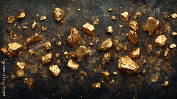 Fototapeta Natural gold nuggets are spread across a dark background, showcasing their unique shapes and shines. The display highlights the beauty and diversity of these precious gems