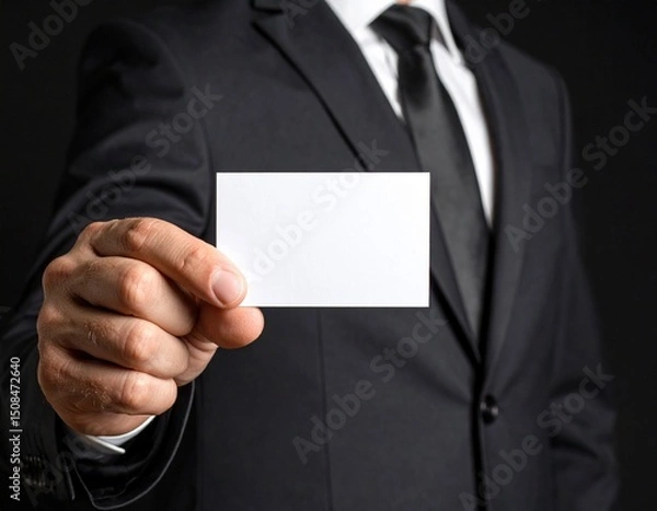 Obraz Office worker holding a horizontal business card, black background, strict business style, focus on hands and card.